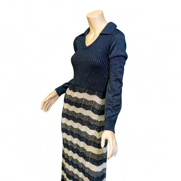 Vintage 70s Wenjilli Metallic Knit Maxi Dress * Navy & Silver Chevron Lurex - Picture 6 of 15